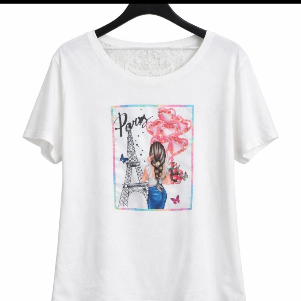 🎉 AZ White Paris Eiffel Tower Sequined Beaded Lace Graphic Tee Sz XL